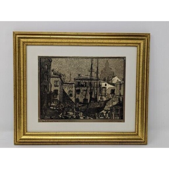 LIONEL BARRYMORE Little Boatyard Venice Gold Foil 8x10 Wood Frame Matted - Picture 1 of 3